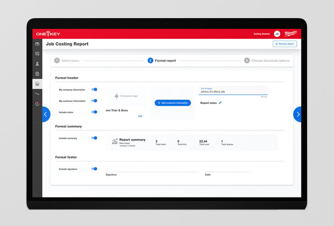 One-Key web app displays job costing report builder formatting report options