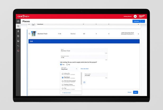 One-Key web app shows edit places screen allowing the ability to apply job costing rates to this place