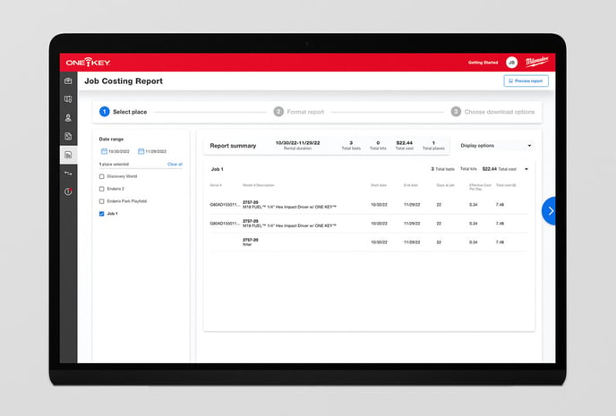 One-Key web app displays job costing report builder selecting place