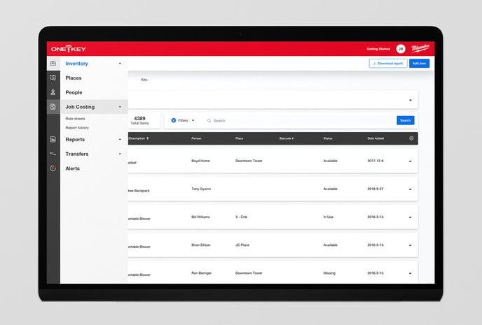 One-Key web app displays navigation menu selecting job costing