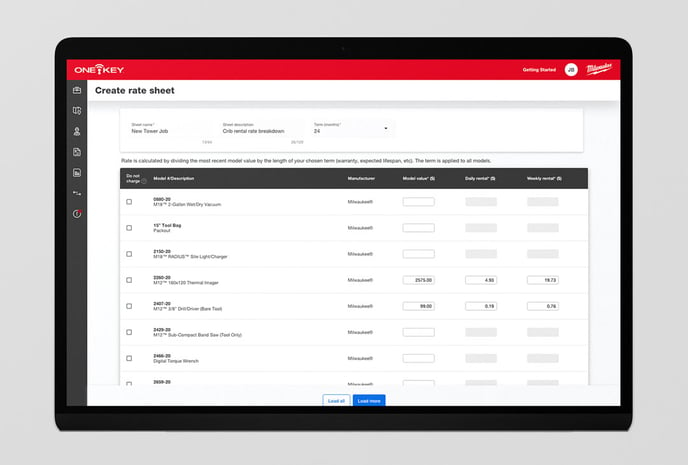 One-Key web app displays smart rate sheet that auto-calculates tool rentals