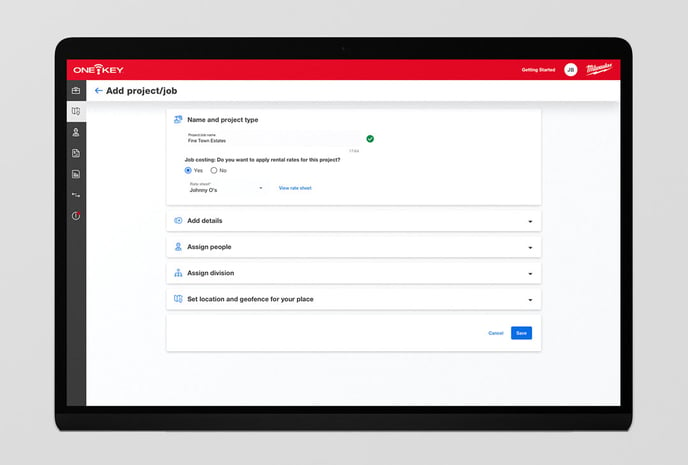 One-Key web app displays the ability to apply rental rates to new project