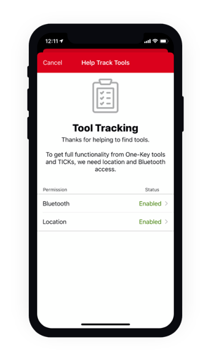 One-Key tool tracking app location and bluetooth device settings