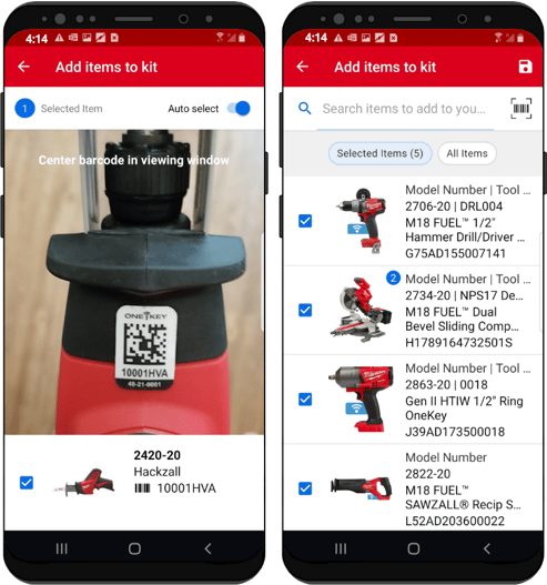 Two android devices display adding item by asset ID tag (left) and adding items by search (right) to kit