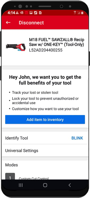 A nearby Sawzall, connected to via bluetooth, prompts user to add to inventory
