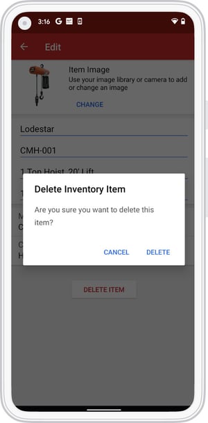 Delete a tool from the mobile app from Android device