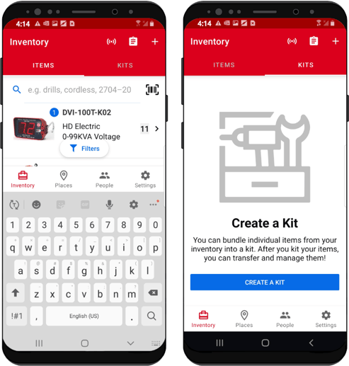 two android devices display "item" and "kits" inventory toggles and no kits currently in inventory