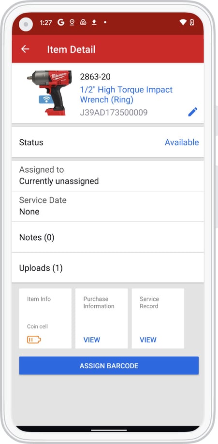 Android device displays item details for 1/2" high torque impact wrench