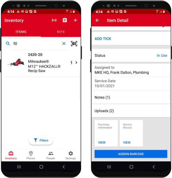 Two smartphones show process of searching inventory (left) and item detail (right)