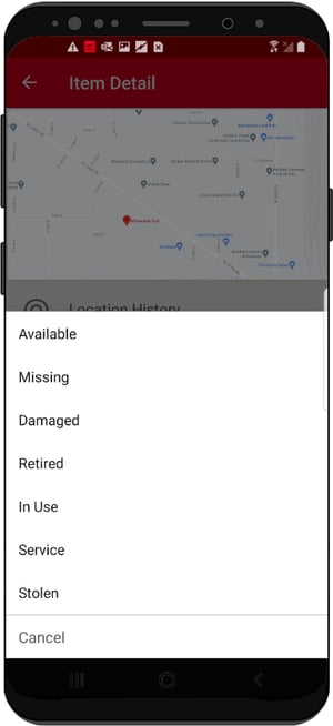 A dropdown menu of item statuses lets you mark recovered tool "available"