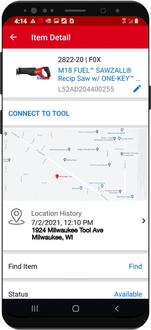 Screen show's Sawzall item details with the ability to connect to tool
