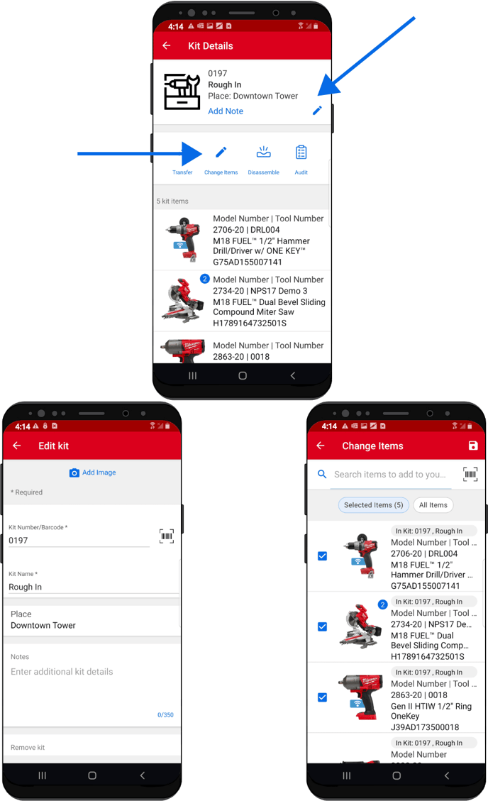 3 android devices display the ability to edit and change items in kit