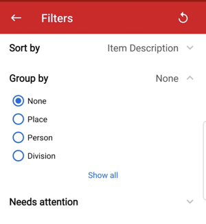 Screen shows setting filters