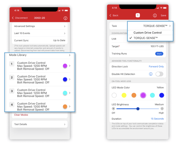 One-Key app displays four programmable modes and TORQUE-SENSE dropdown selection