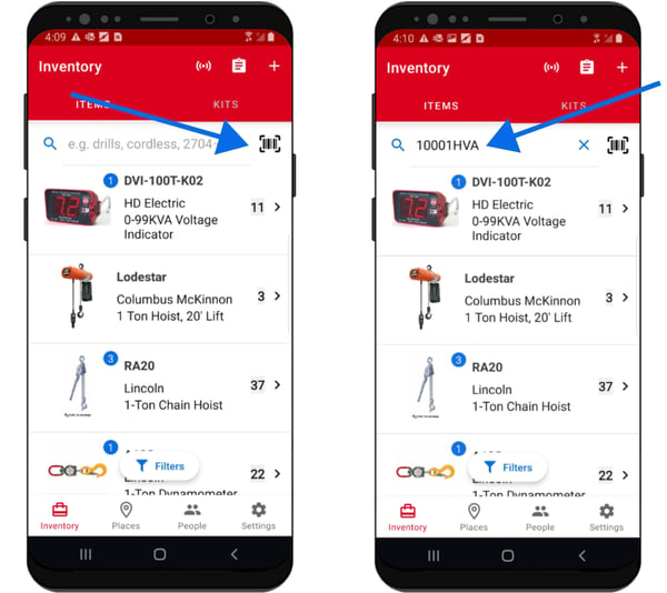 Two Android smartphones demonstrate process of searching for item scanning for asset ID tag