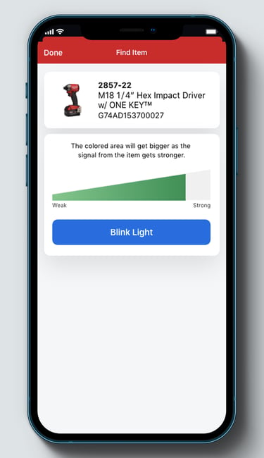 iOS enabled device shows "Find Item" locater tool with "Blink Light" button and item proximity strength indicator