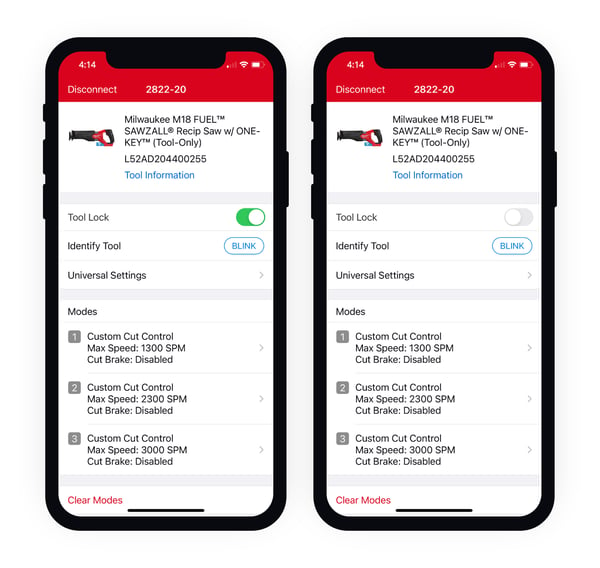 Two smartphones display item's details with the ability to toggle tool lock on (left) and off (right)