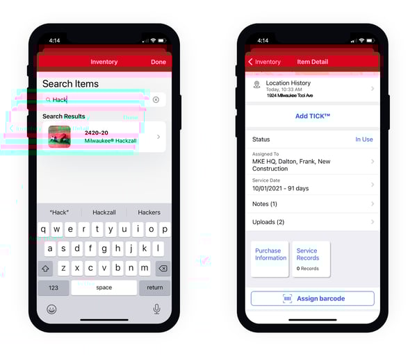Two smartphones display searching for an item (left) and item's details (right)