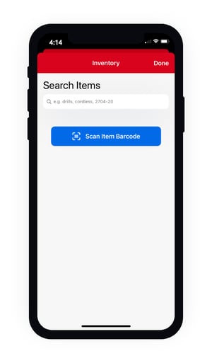 Smartphone displays inventory search by keyword or to "search item barcode"