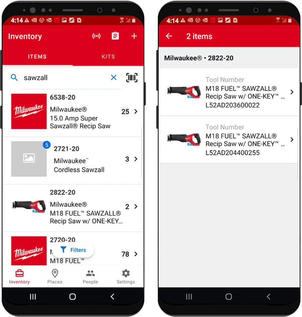 Sawzall is searched for by keyword (left) and there are two in inventory (right)