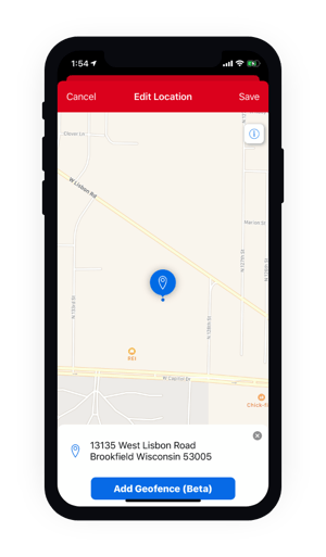 Phone displaying the edit location screen on mobile application