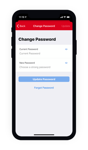 Change password screen displayed on mobile