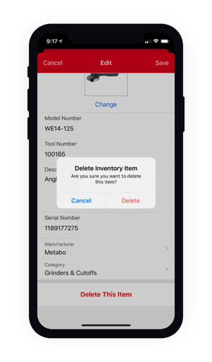 Delete a tool from the mobile app 