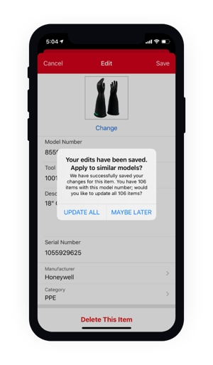 Edit item screen on mobile with a pop up window to apply to similar models