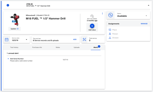 Screenshot of tool inventory dashboard