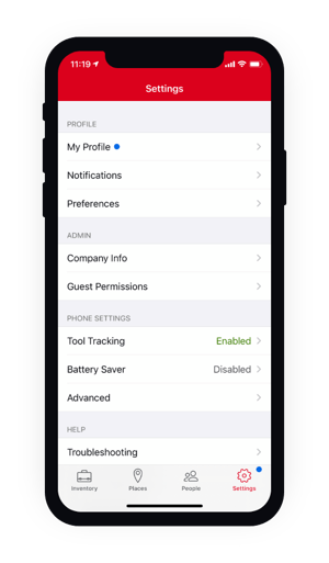 Settings menu displayed on mobile