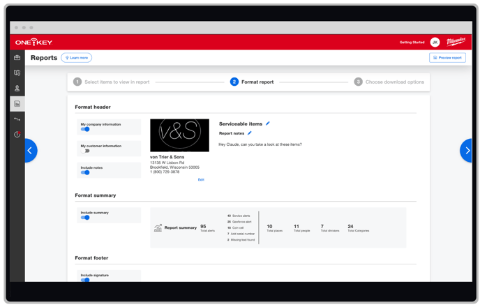 screenshot of alerts format report settings