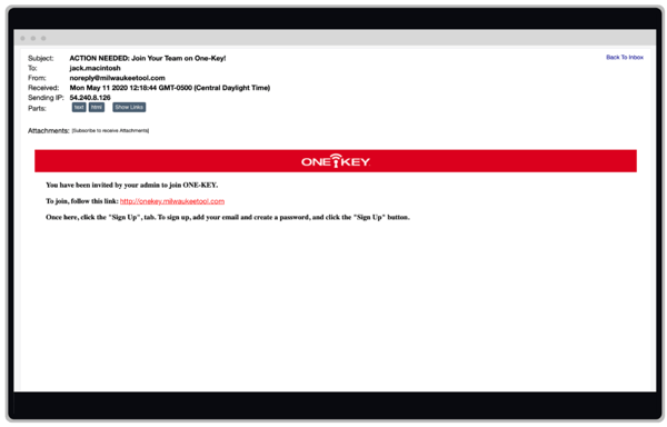 screenshot of One-Key user invite email