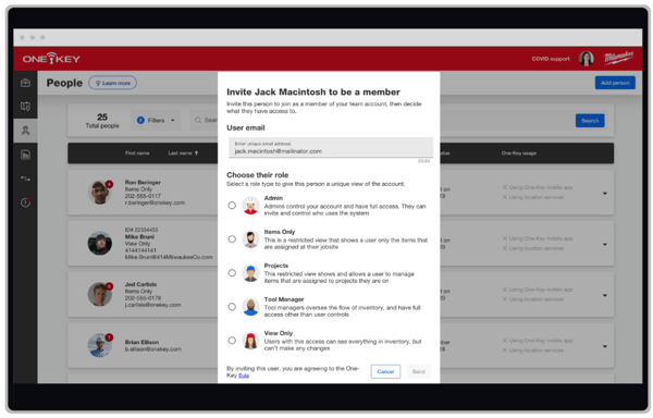 screenshot of inviting new team members to One-Key