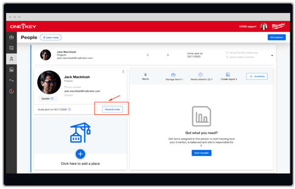 screenshot showing location of resend invite button in One-Key