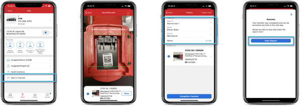 screenshots showing how to transfer tagged or barcoded tools and equipment in One-Key