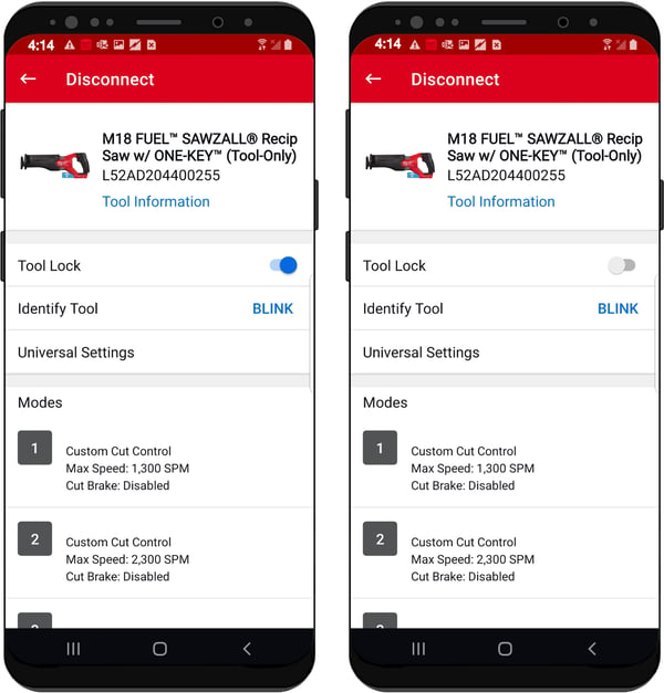 Two smartphones show item's details with tool lock toggled on (left) and toggled off (right)