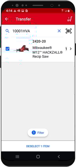 Transfer cart is filled with item whose asset ID tag was scanned