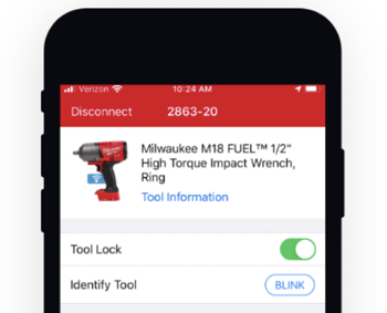 Milwaukee Tool details screen shows tool lock is enabled and should be turned off to regain use 