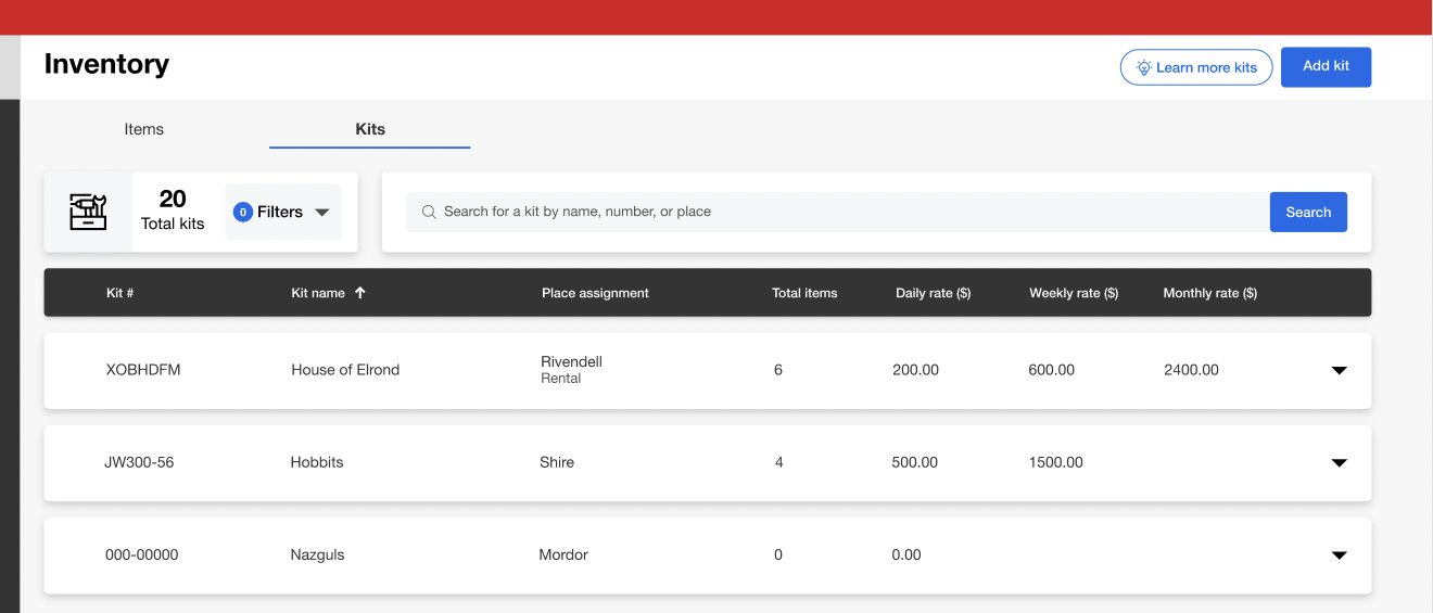 One-Key web app from inventory kit screen shows rental rates applied to each item in kit