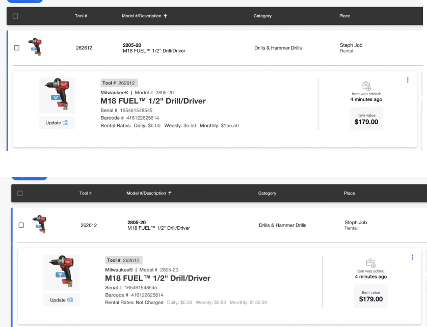 One-Key web app shows item details both with rental rates and "no charge" applied