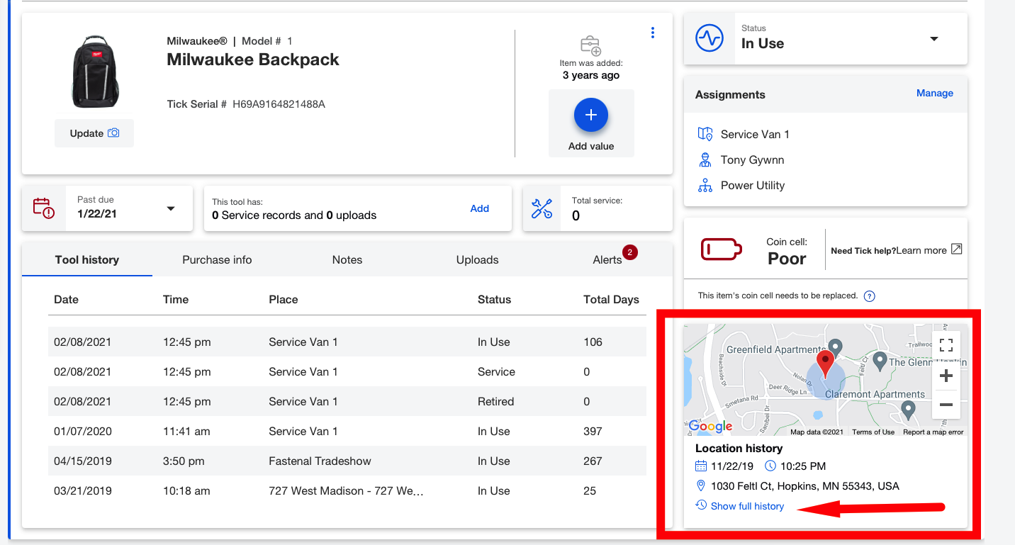 Screenshot of inventory interface displays map with item's location history and arrow pointing at "show full history" 