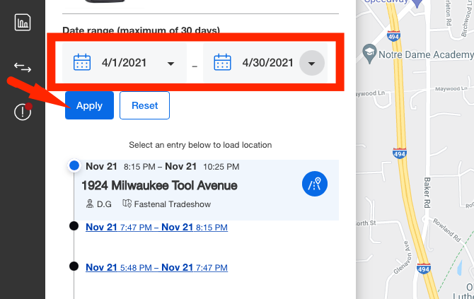 Screen displays date range being set