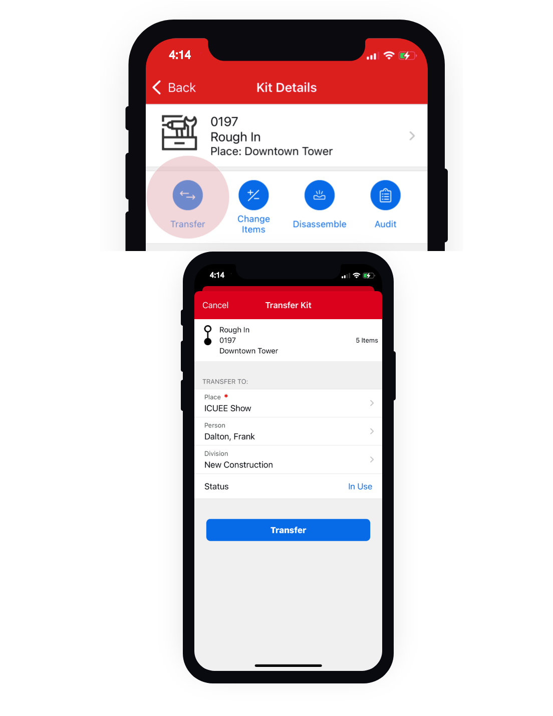 Tap "Transfer" to send this kit to another job site